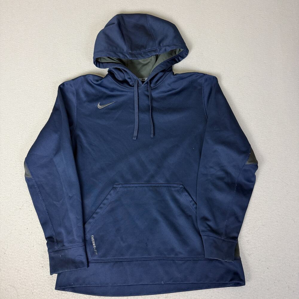 Nike Therma-FIT Pullover Hoodie Navy Blue Gray Swoosh Fleece Lined Hooded